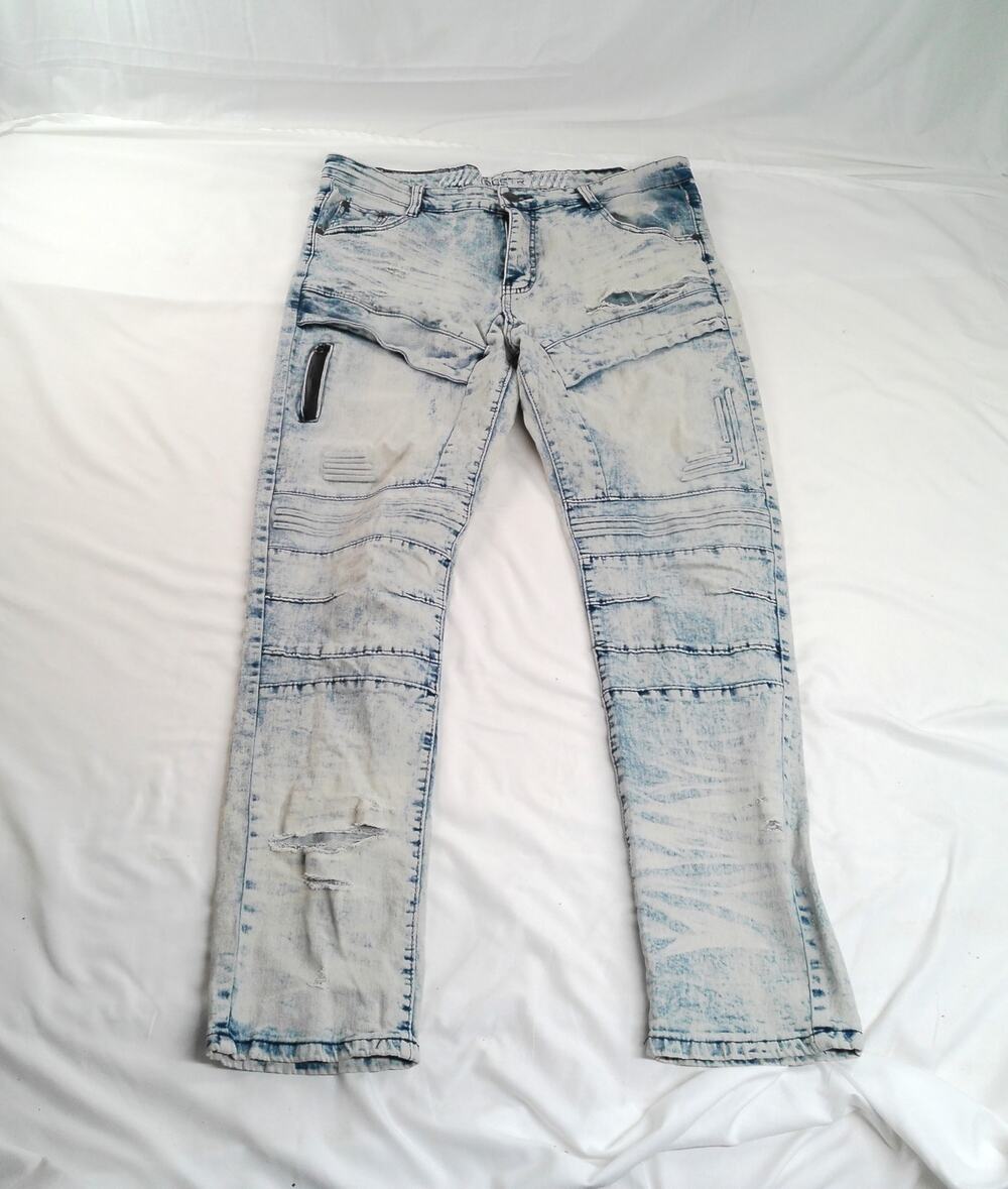 GSTR Men's Moto Jeans Acid Wash Distressed Biker Denim Pants Size 36